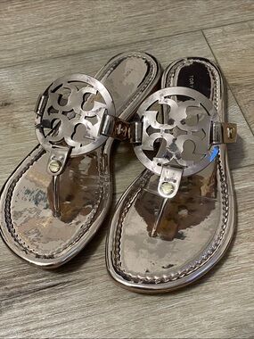Tory Burch Metallic Rose Gold Logo Miller Sandals